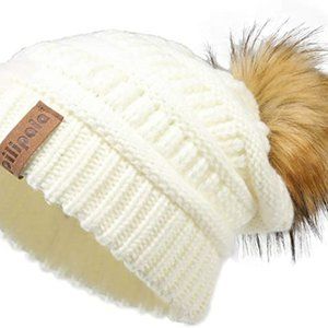 Pilipala Womens Knit Slouchy Beanie Hat with Fur Pom Bobble Hat NWT